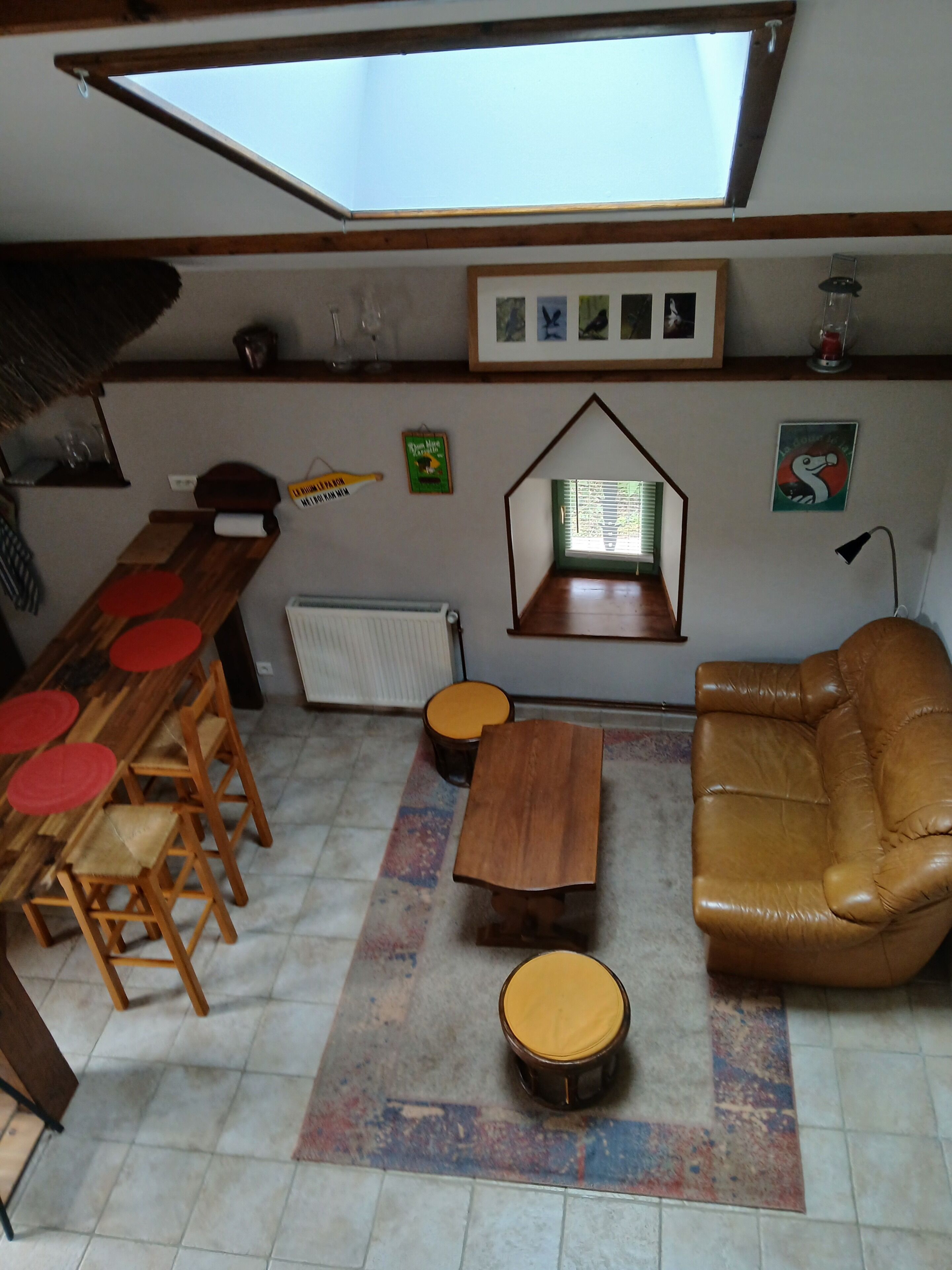 A living room with a sofa, a coffee table, a dining table with chairs, a hanging chair, and a skylight.
