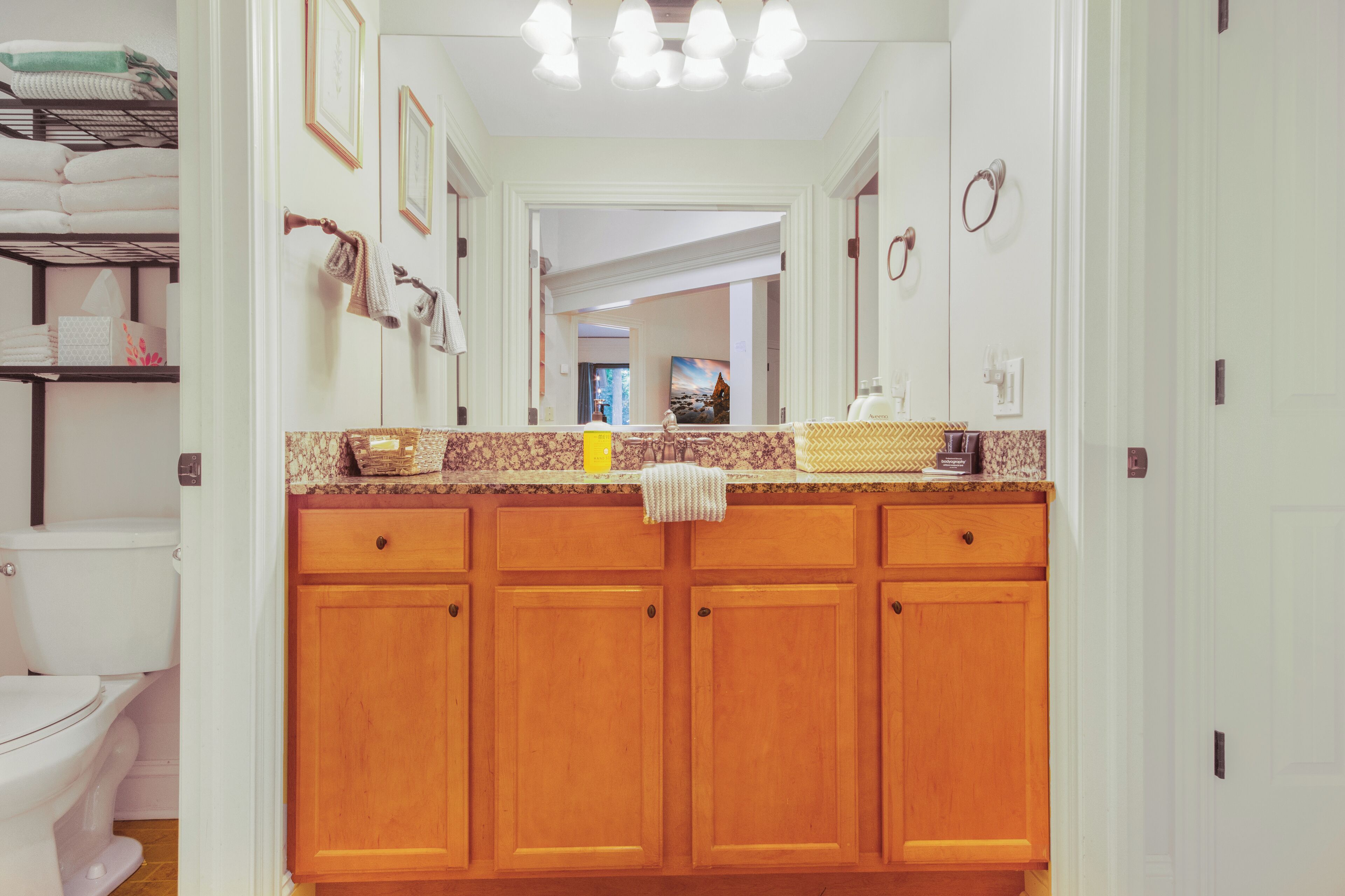 Hair dryer, towels, soap, toilet paper