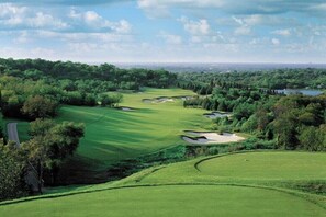 A golf course with bunkers, a pond, and a road.