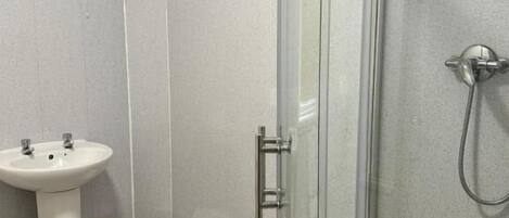 Een badkamer met een douche met glazen wanden, een wastafel op voet en een toilet.
