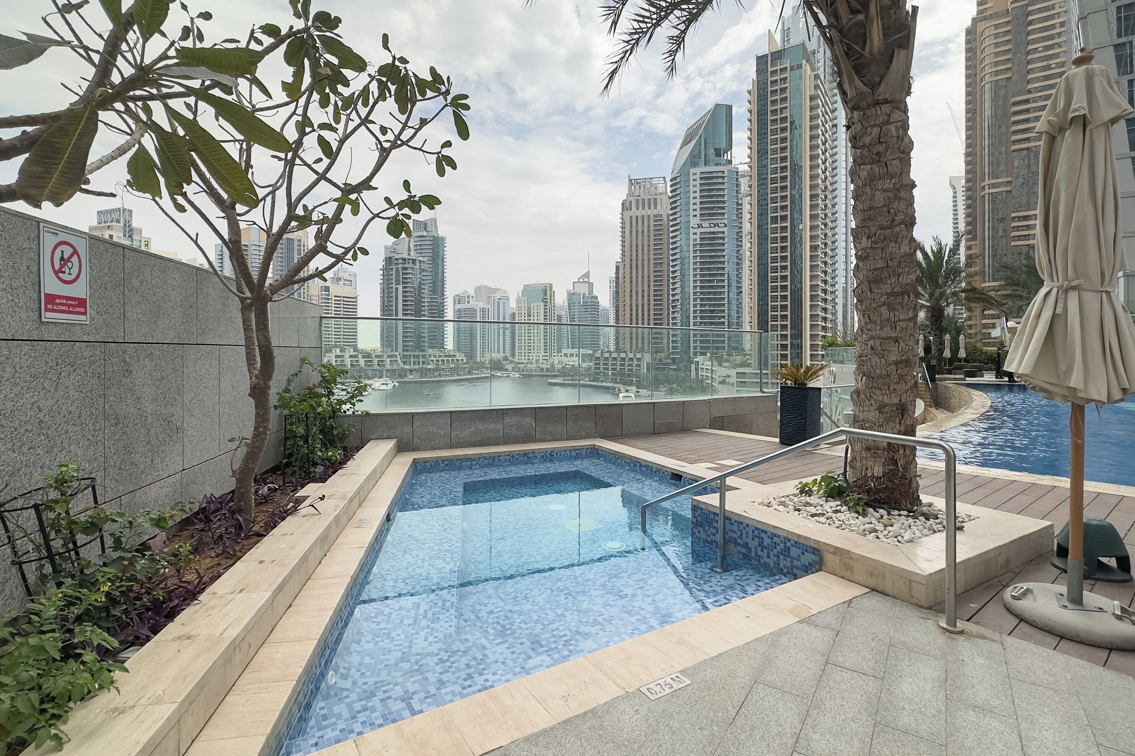 A rooftop pool with a city view, surrounded by palm trees and a no-smoking sign.