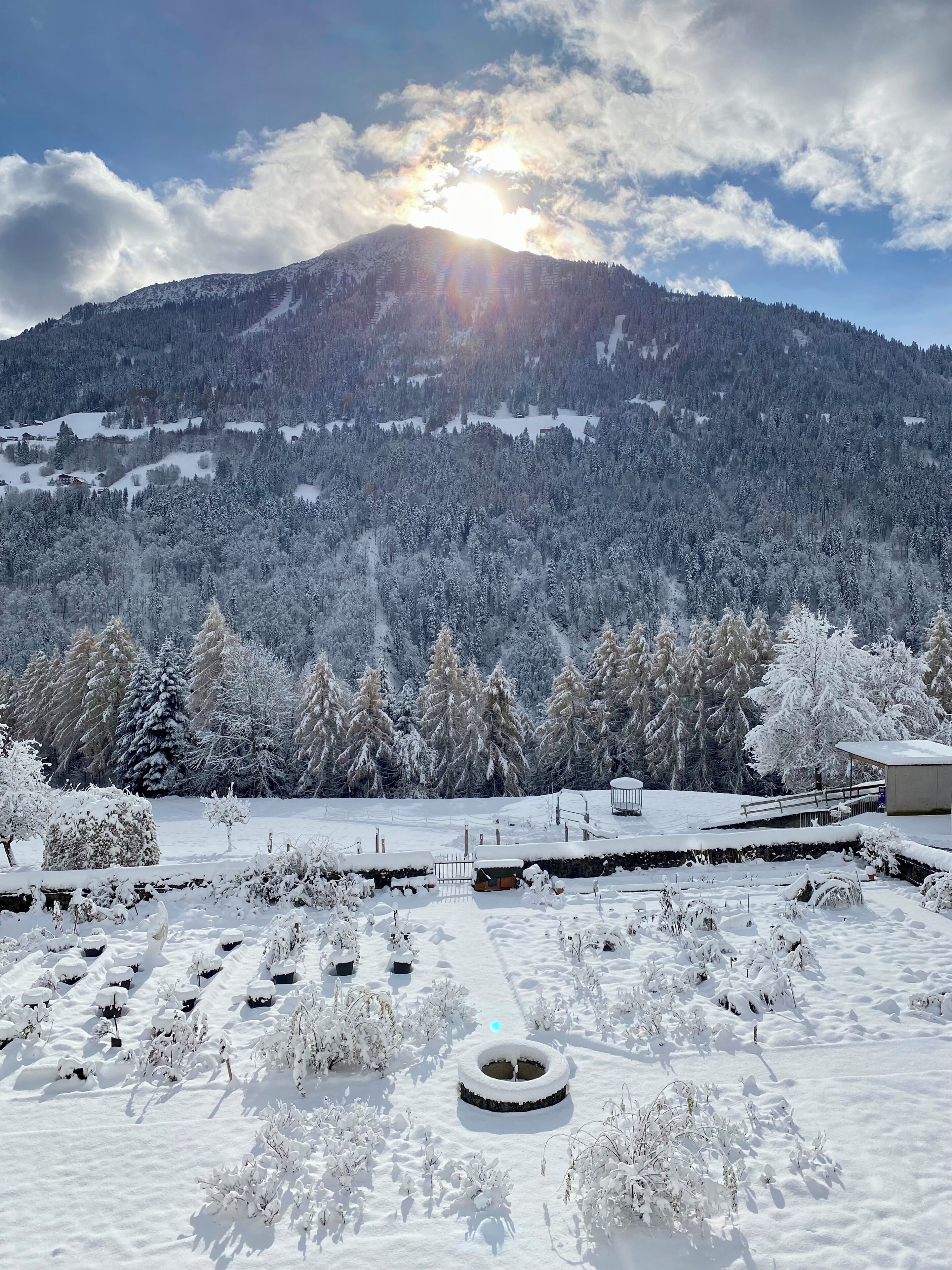 A snow-covered landscape with a mountain in the background, a clear sky, and a building with a snow-covered roof.