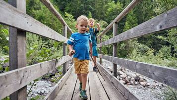 A wooden bridge in a forested area.