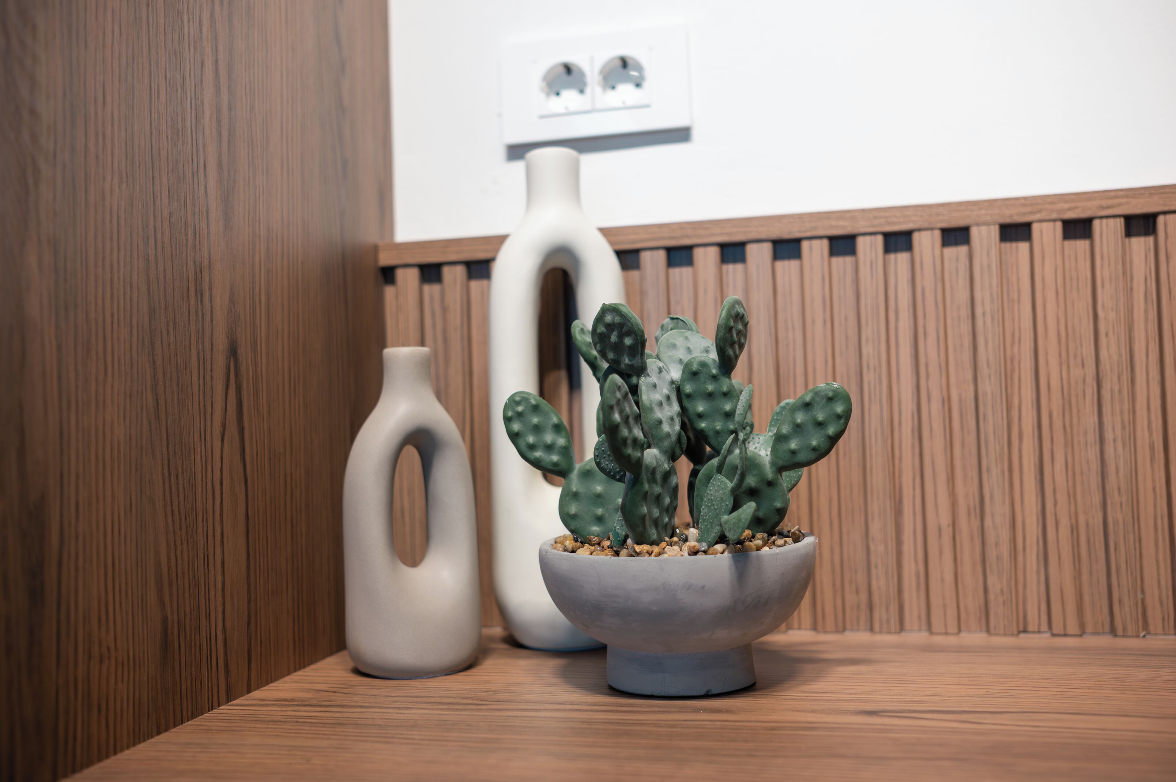 Una mesa de madera con una planta de cactus en un cuenco y un jarrón blanco.