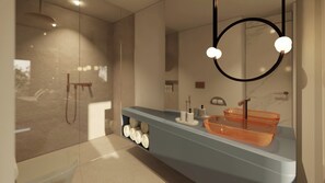 Deluxe kamer, 1 twee- of 2 eenpersoonsbedden, gedeeltelijk uitzicht op zee | Badkamer