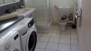 A bathroom with a glass-enclosed shower, a toilet, a washing machine, and a sink with a mirror above it. - Spacious T3 400m from Anse à l'Ane beach (Les Trois Ilets) (Les Trois-Îlets)