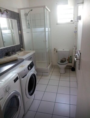 Dusche, Haartrockner, Handtücher, Toilettenpapier