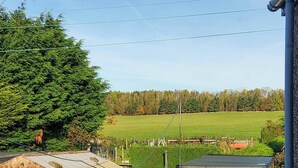 A fenced backyard with a wooden shed, a garage, and a large tree. - Room-peaceful Village Retreat (Morpeth)