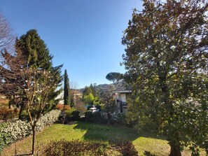 Un jardín con césped, árboles y un edificio con techo inclinado.
