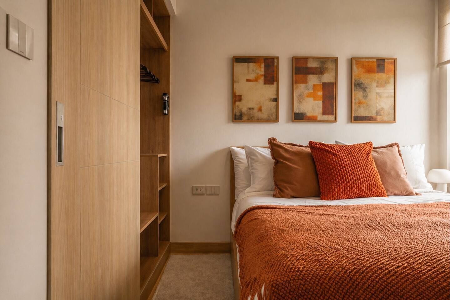 A bedroom with a bed, a wardrobe, and three abstract paintings on the wall.