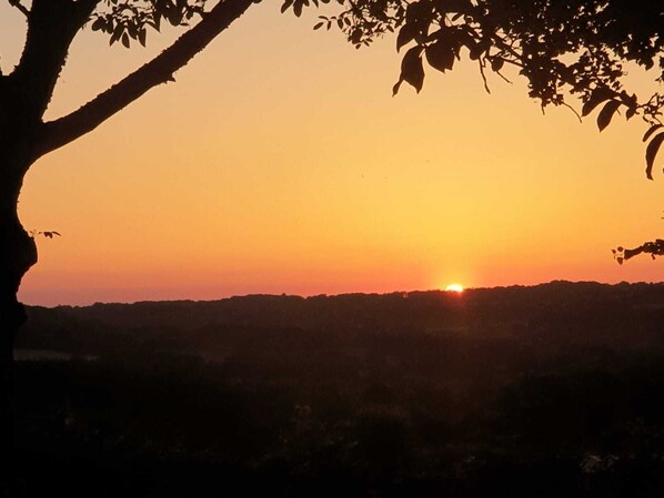 A sunset with the sun low on the horizon, silhouetted trees, and a distant landscape.