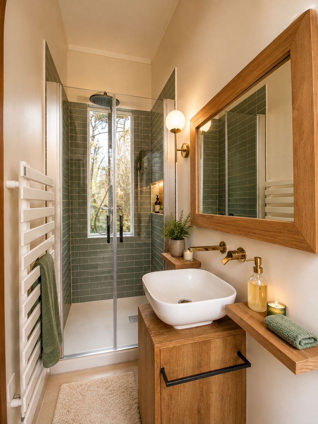 Un baño moderno con cabina de ducha de vidrio, un lavabo blanco y un mueble de tocador de madera.