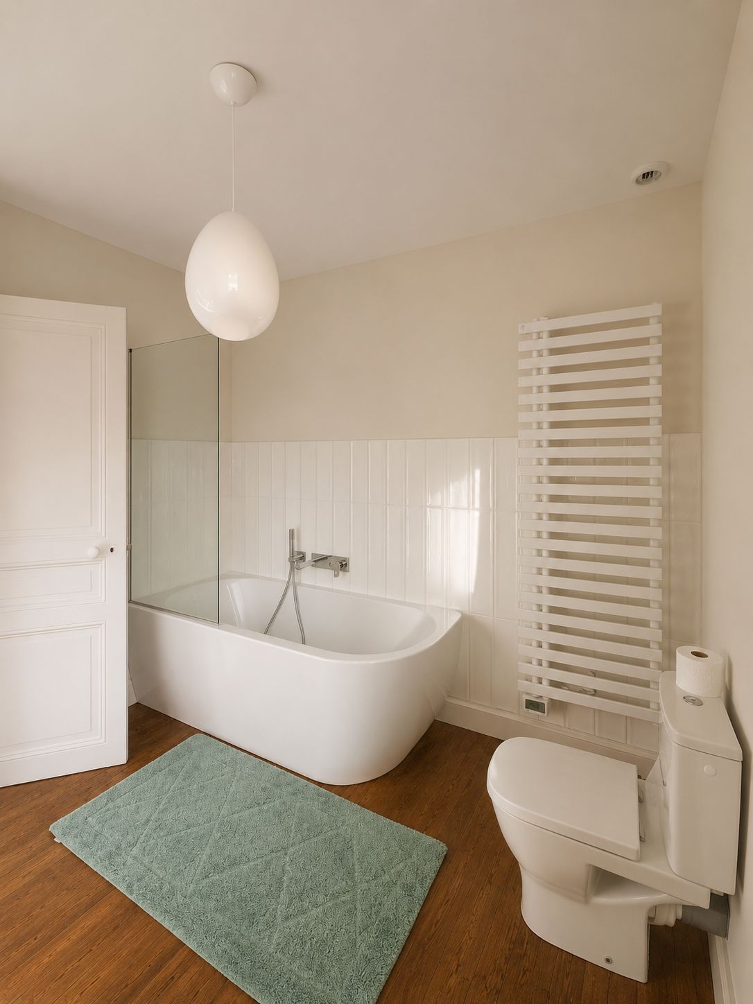 A modern bathroom with a freestanding bathtub, a toilet, and a shower enclosure.