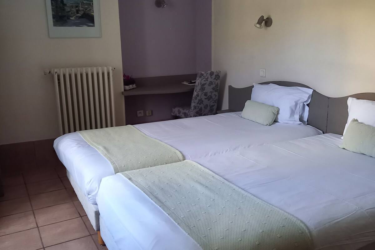 A hotel room with a large bed, a chair, a small table, and a radiator.
