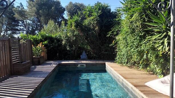 Ein Schwimmbecken mit Holzterrasse, umgeben von dichtem Grün und einer Statue.