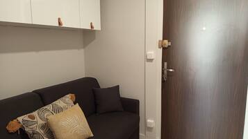 A dark-colored sofa with patterned cushions, a wooden door with a handle, and a white wall with a light switch.