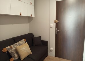 Ein dunkelbraunes Sofa mit gemusterten Kissen, eine Holztür mit Griff und eine weiße Wand mit Lichtschalter.