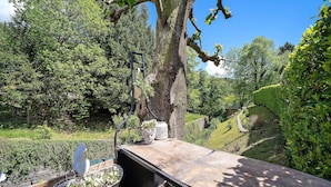 Eine Holzterrasse mit Blumentöpfen und einem Metallgeländer, das einen angelegten Garten überblickt.