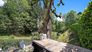 A wooden deck with potted plants and a metal railing overlooking a landscaped garden.