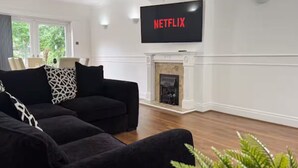 Een woonkamer met een zwarte bank, een open haard en een aan de muur bevestigde televisie waarop 'NETFLIX' staat.