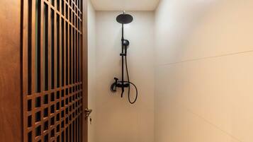 A shower with a handheld showerhead, a wall-mounted faucet, and a control panel.
