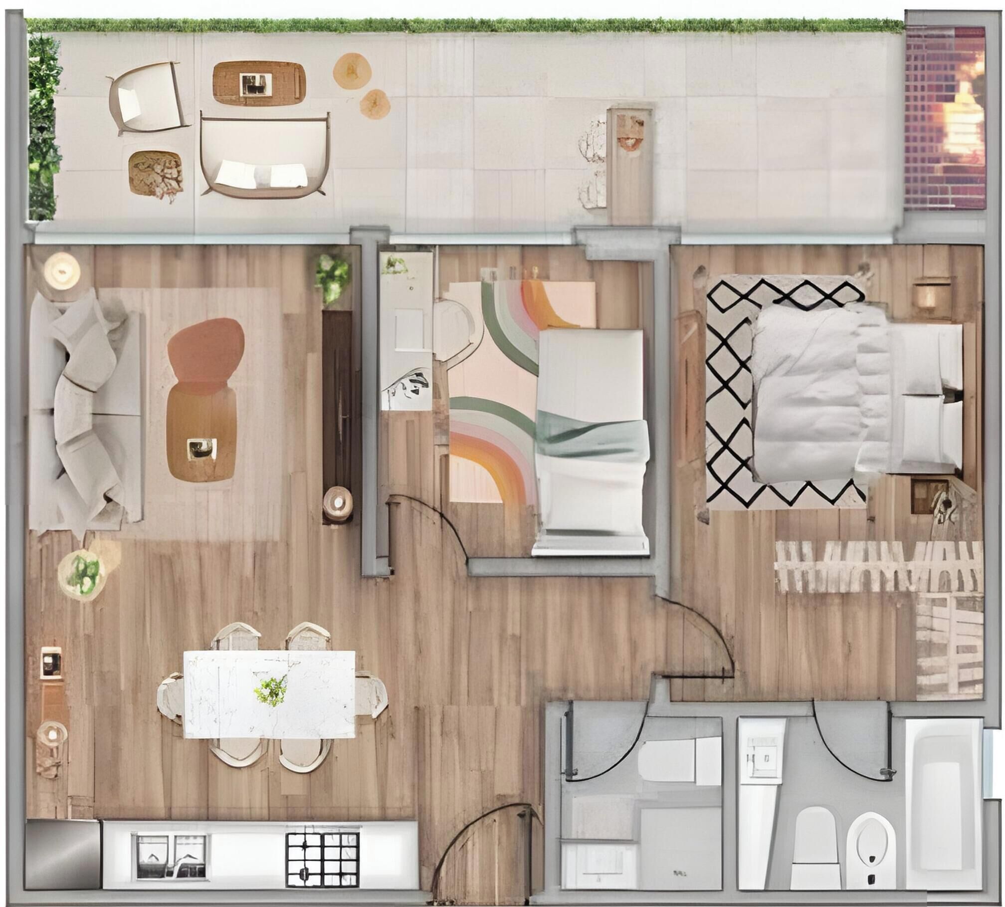 A floor plan of a hotel with a living room, dining area, kitchen, and bathroom.