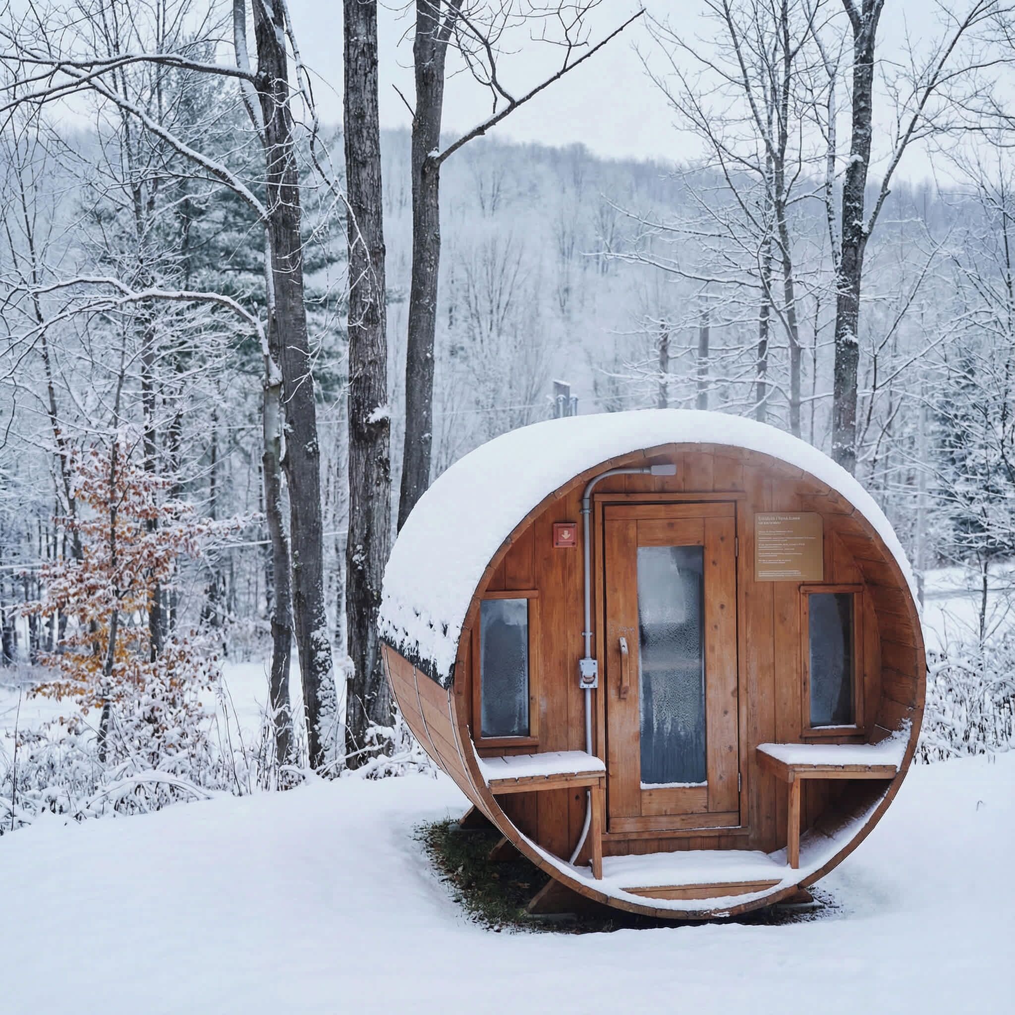 A snow-covered wooden cabin with a curved entrance, two windows, and a door.