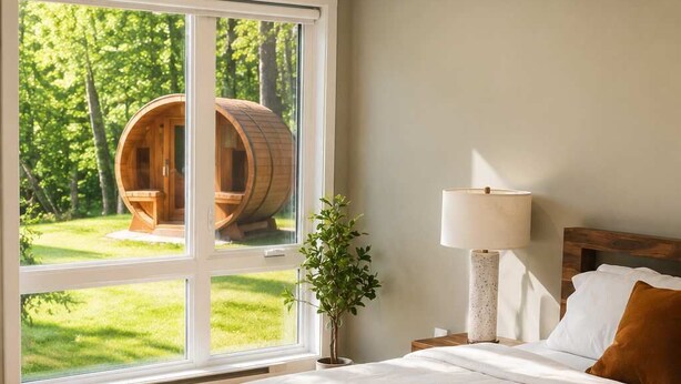 Een slaapkamer met een groot raam, een houten bed, een nachtkastje en een lamp.