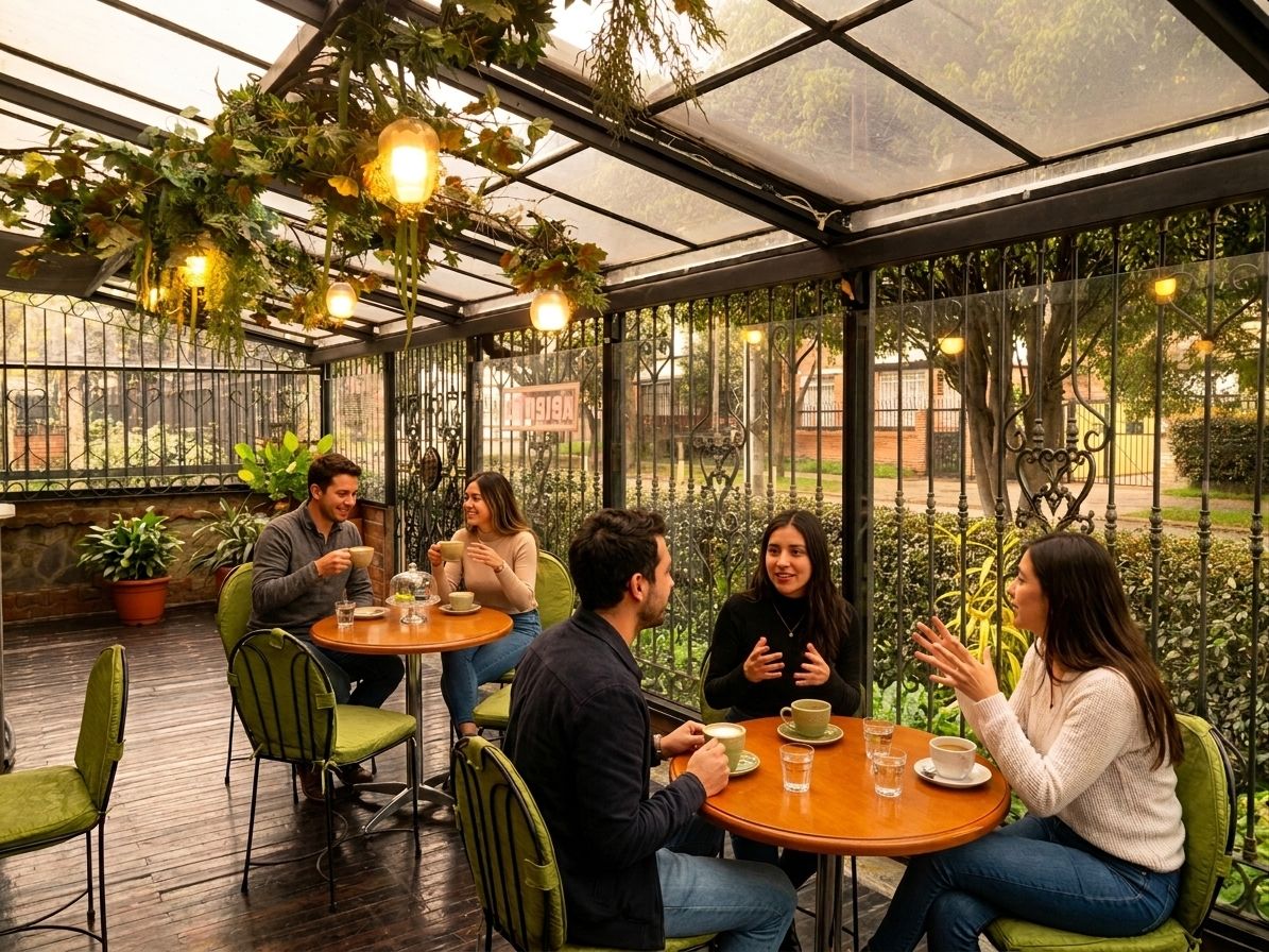 Un espace extérieur aménagé, abrité et doté de tables et de chaises, entouré de verdure et surmonté d’un toit en verre.