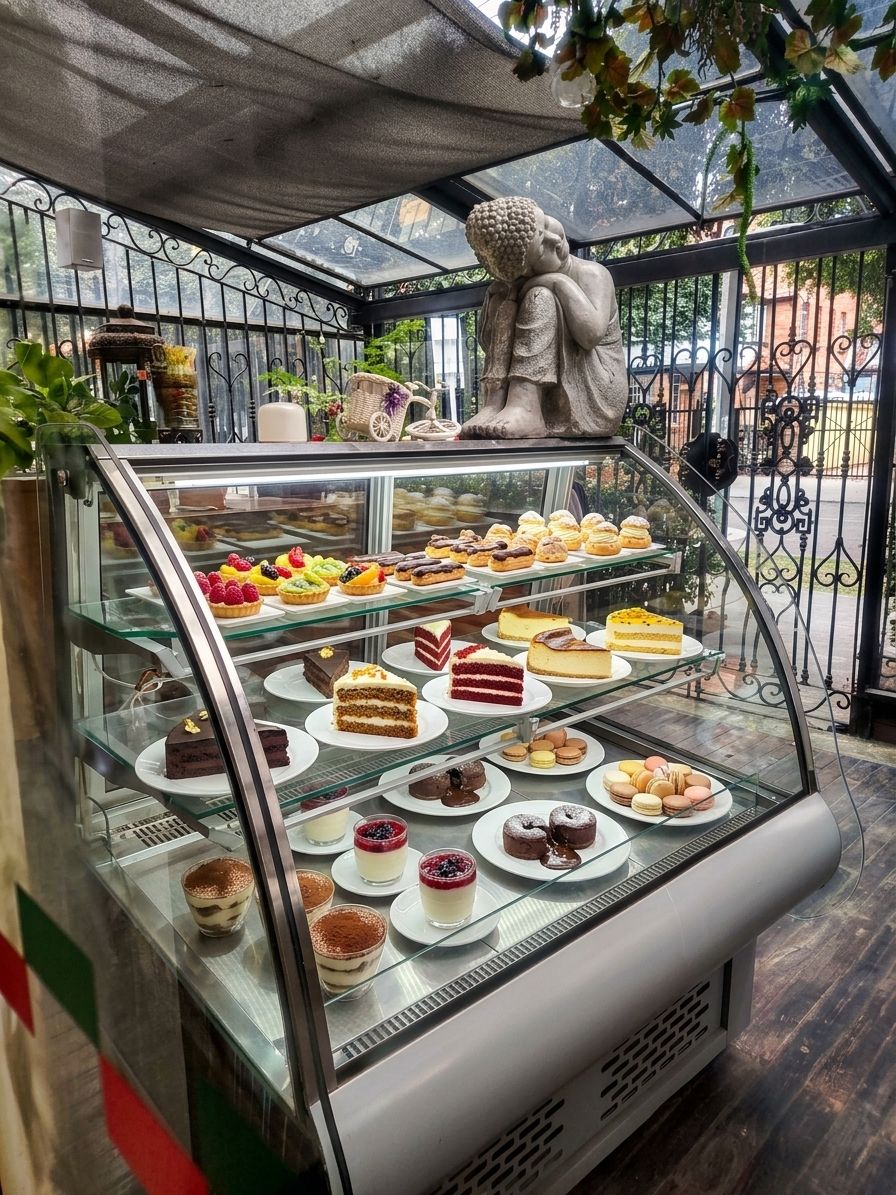 A bakery display case with various pastries and a Buddha statue.