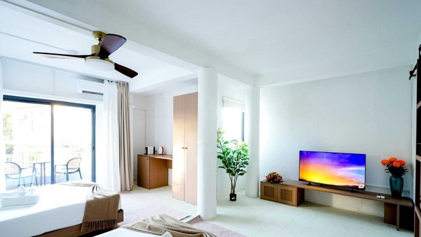 Habitación de hotel con cama, televisor, escritorio, planta y balcón con sillas.