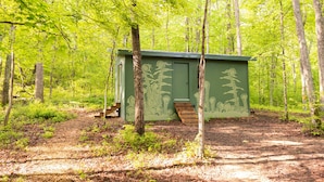 Een groene houten hut met een hellingbaan en een deur, omringd door bomen in een bos.
