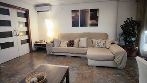 A living room with a sofa, a coffee table, a potted plant, and a wall-mounted air conditioner.