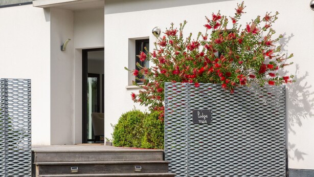 Une entrée d’immeuble avec des marches menant à une porte, une clôture en métal avec une pancarte et un arbuste aux fleurs rouges.