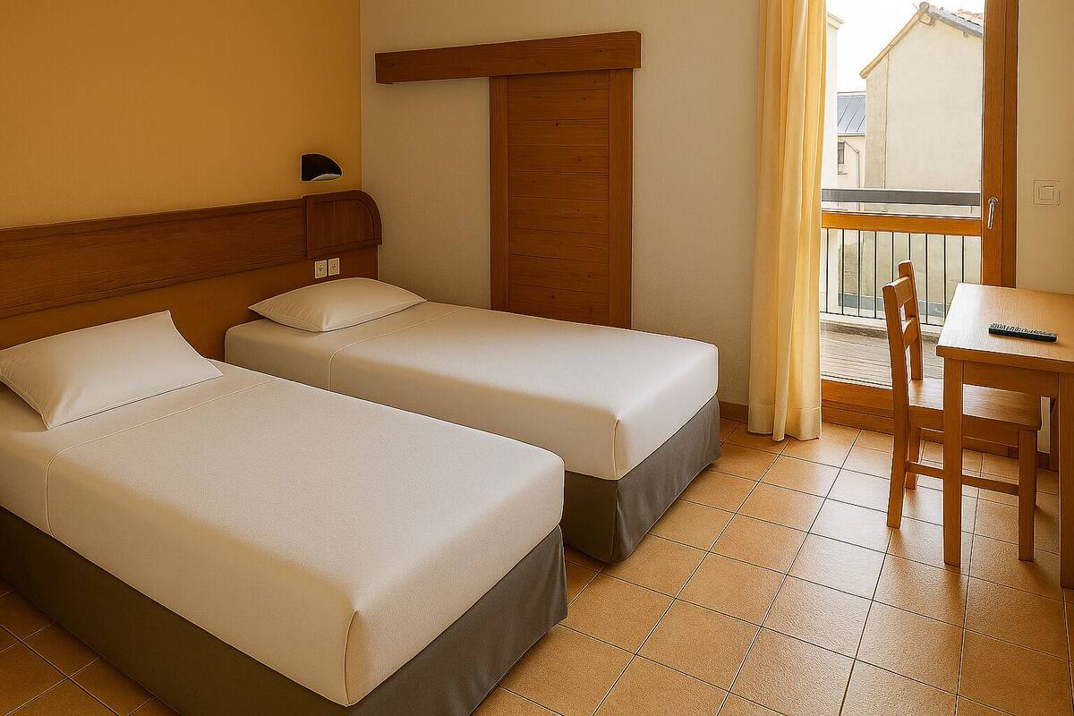 Ein Zimmer mit zwei Betten, einem Holz-Kopfteil, einem kleinen Tisch und einem Stuhl.