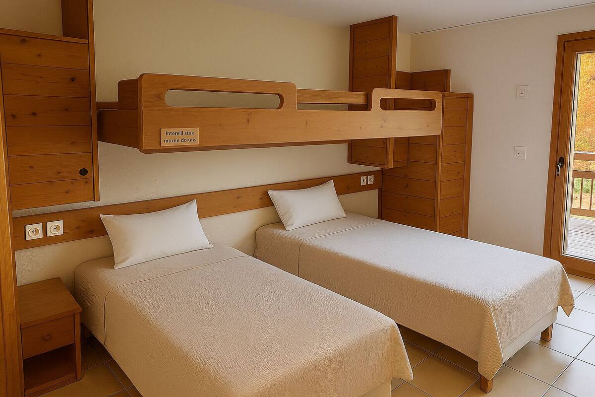 Ein Zimmer mit zwei Betten, darunter ein Schlafstockbett und eine kleine Holzkommode.