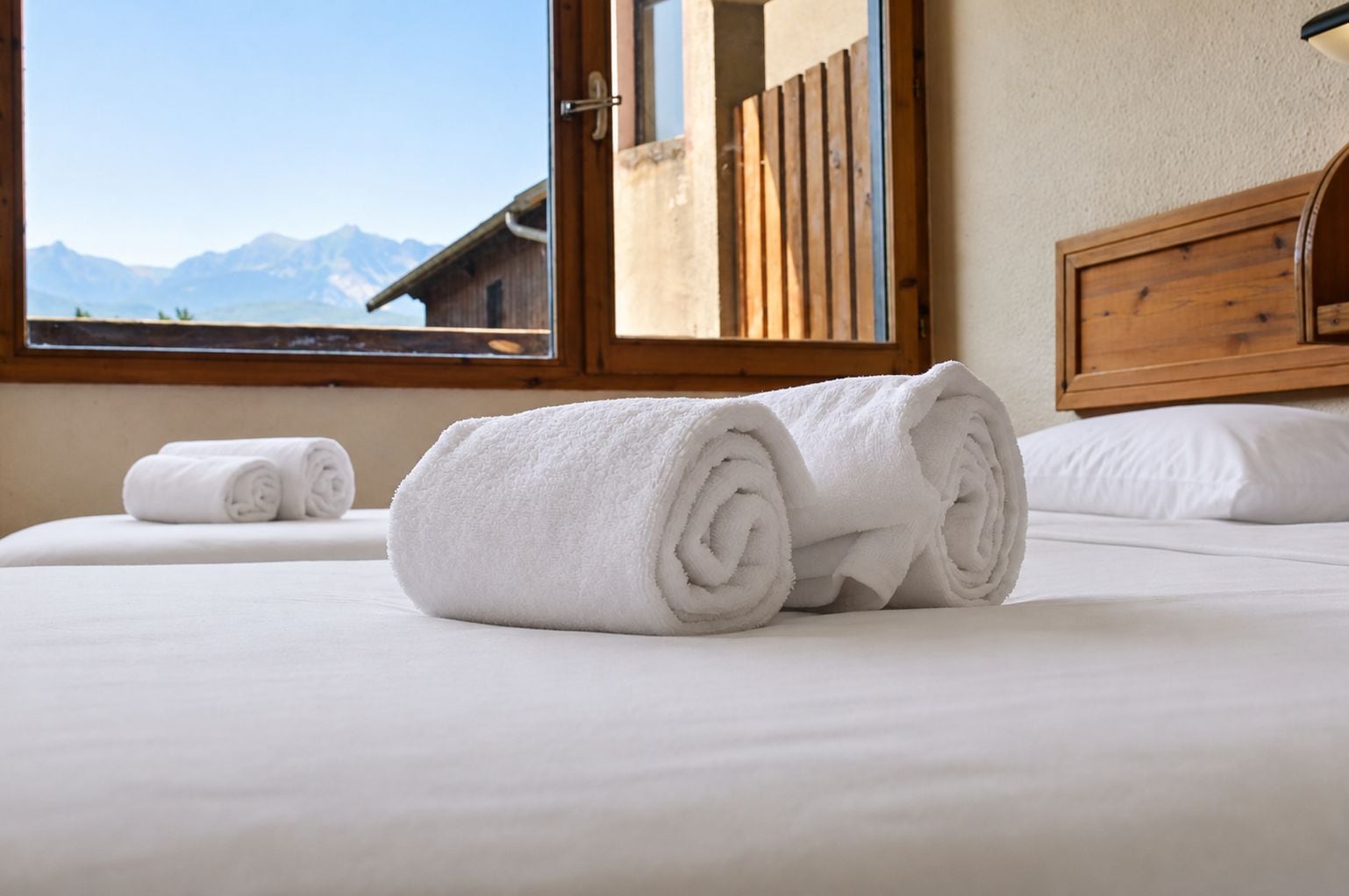 A hotel room with a bed, a window with a view of mountains, and a wooden headboard.