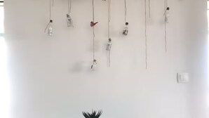 Un comedor con una mesa y sillas blancas, una decoración de pared con ramas y objetos colgantes, y una pequeña planta en maceta sobre la mesa.