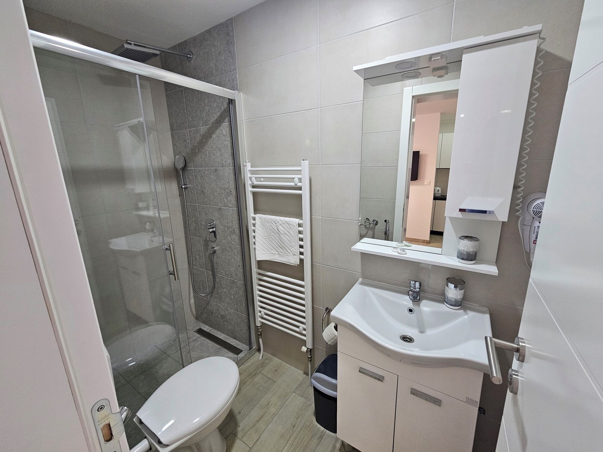 A modern bathroom with a glass-enclosed shower, a white toilet, a sink with a mirror above it, and a towel rack.