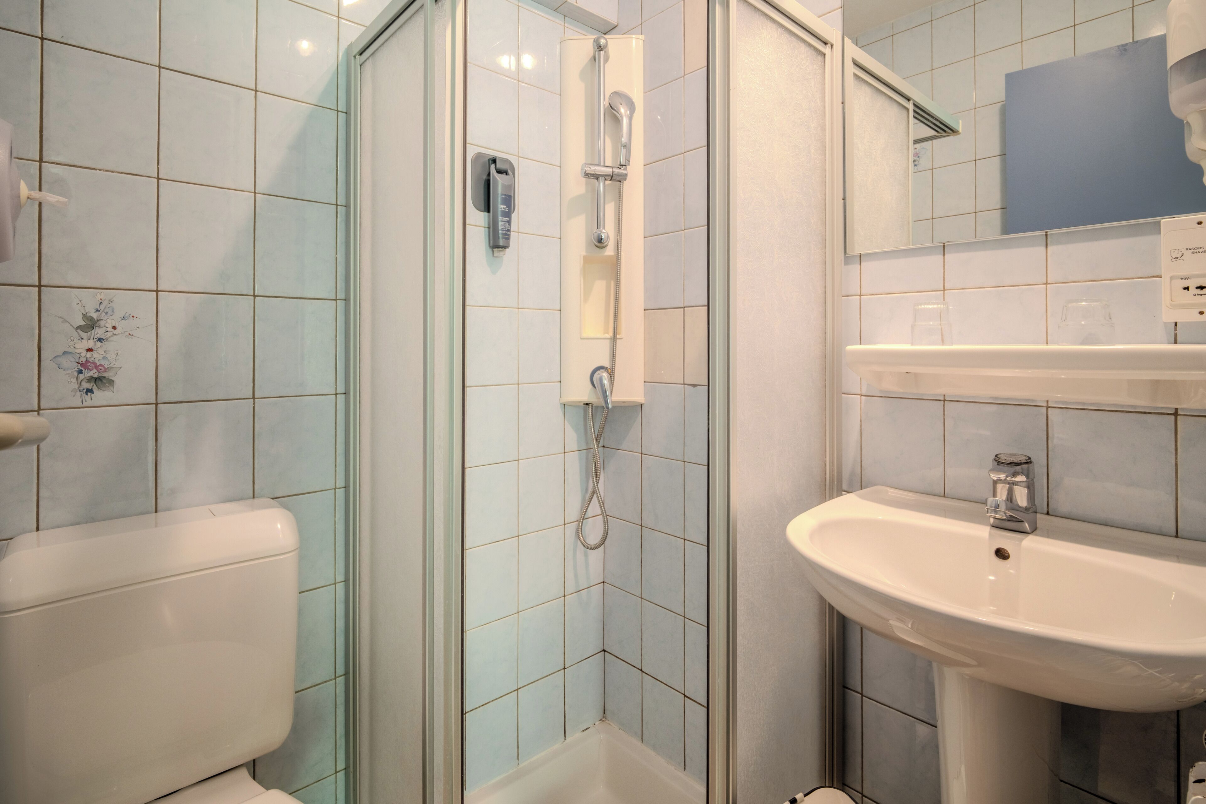 A bathroom with a toilet, a shower with a handheld showerhead, and a sink with a mirror above it.