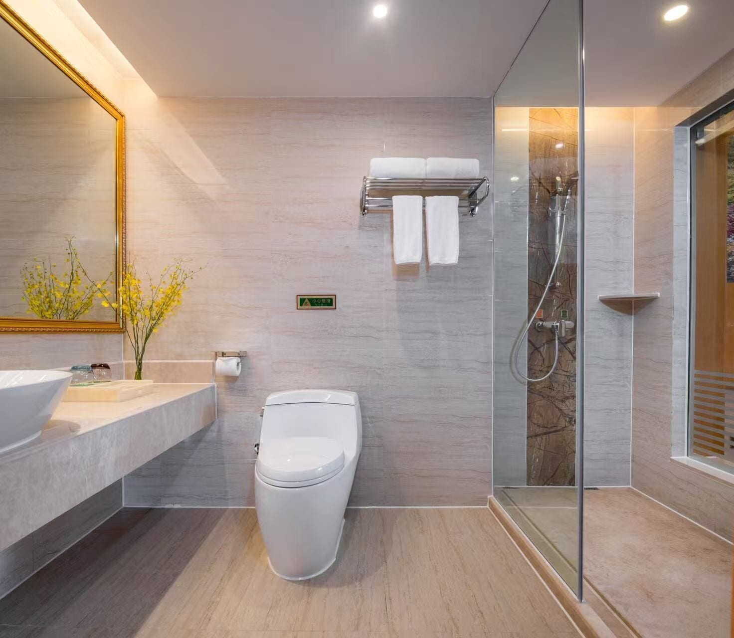Shower, free toiletries, hair dryer, bathrobes