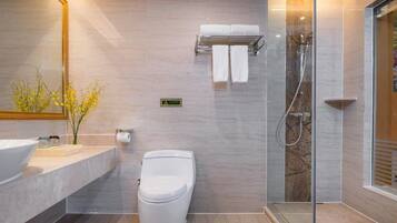Shower, free toiletries, hair dryer, bathrobes