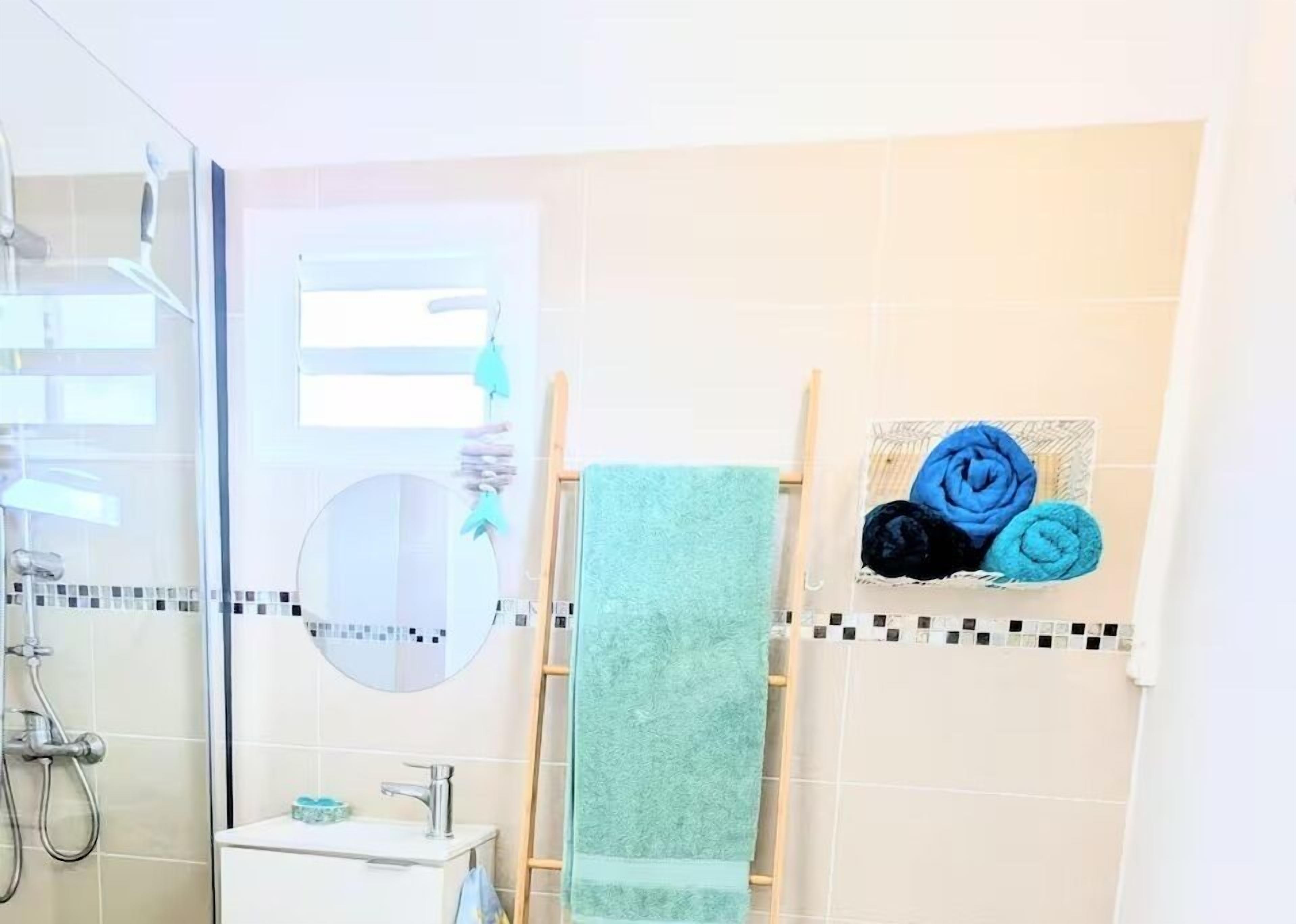 Een badkamer met een douchecabine van glas, een wastafel, een spiegel en een handdoekrek met opgerolde handdoeken.