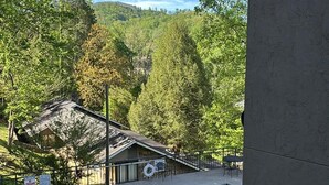 A swimming pool with a view of a forested area and a building with a sloped roof. - Lovely Private Apartment with Pool in Walking Distance to Downtown Gatlinburg. (Gatlinburg)