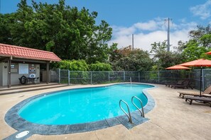 Una piscina de borde curvo, una estación de salvavidas y sillas de descanso con sombrillas.