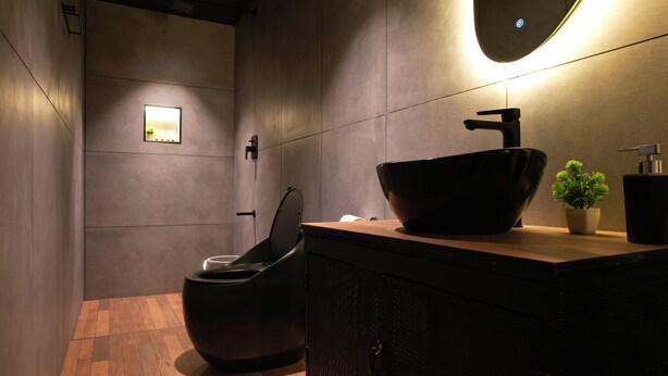 Een moderne badkamer met een houten vloer, een zwart wastafelmeubel met een grote wasbak, een kleine pot met een plant en een spiegel aan de muur.