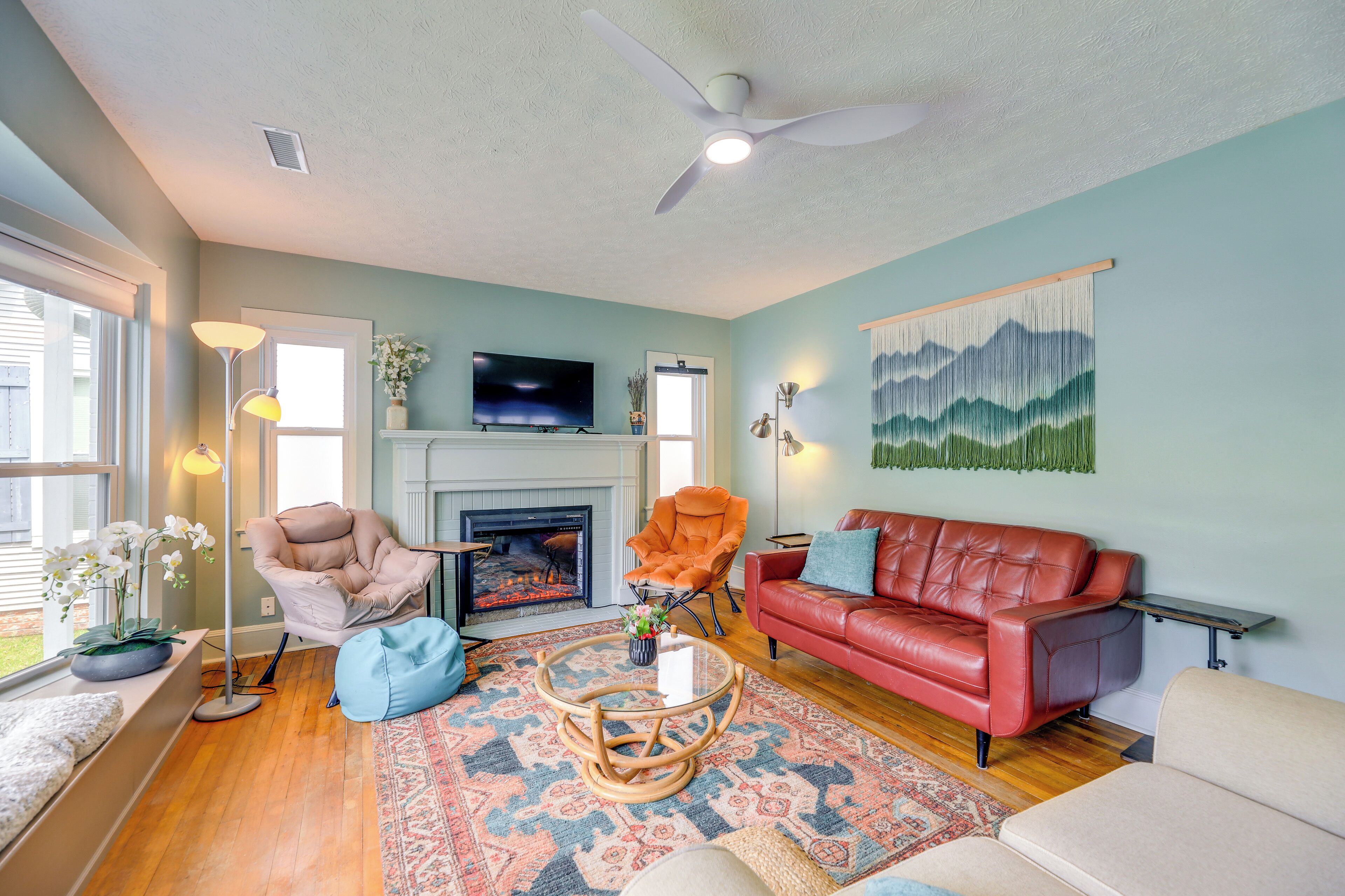 TV, fireplace, books