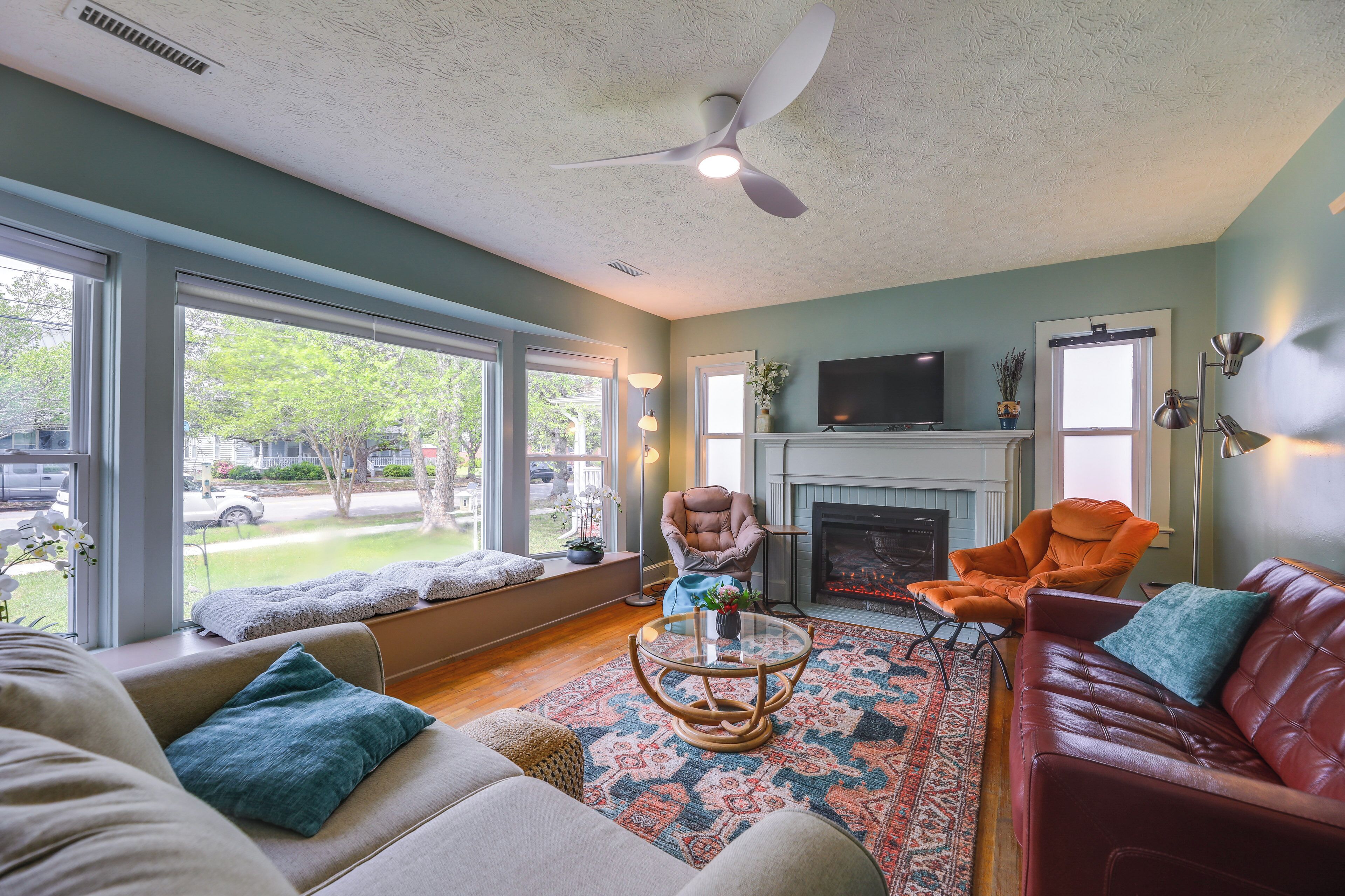TV, fireplace, books