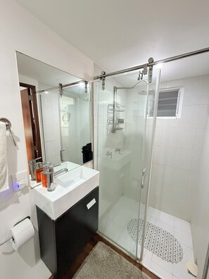 Hair dryer, towels, soap, toilet paper