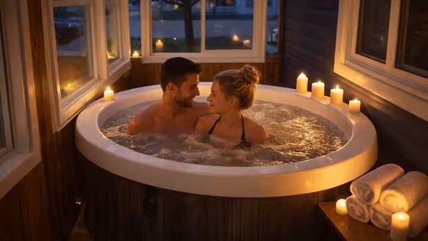 A couple in a hot tub with candles, wooden walls, and windows. - Hot Tub Retreat Near Downtown & Casino | Sleeps 8 | Cozy Luxury Stay for family✨ (Windsor)